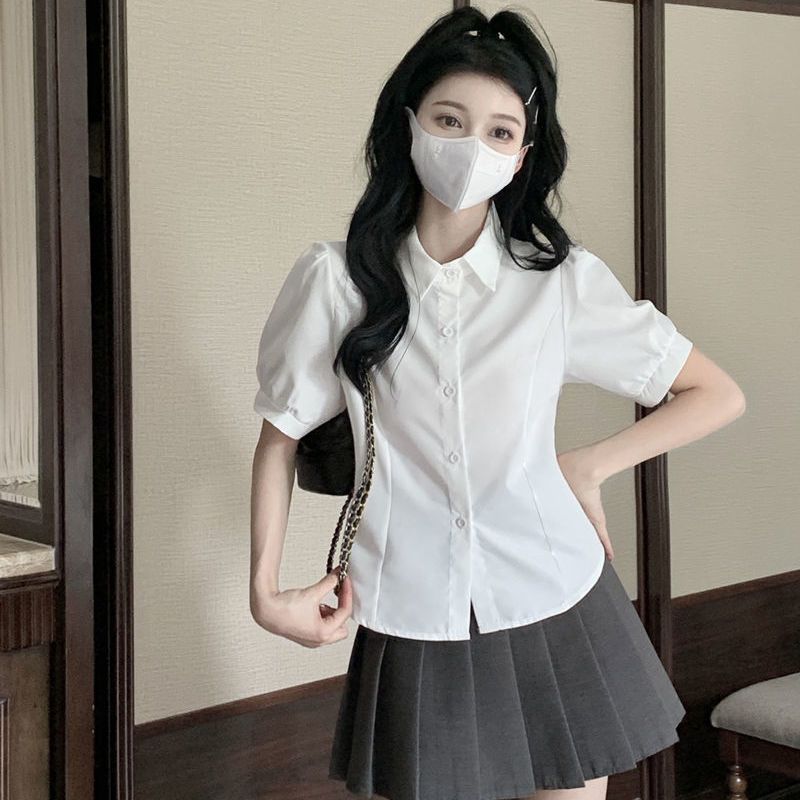 White college style short-sleeved shirt women's summer chic design strap waist sweet puff sleeve polo shirt top