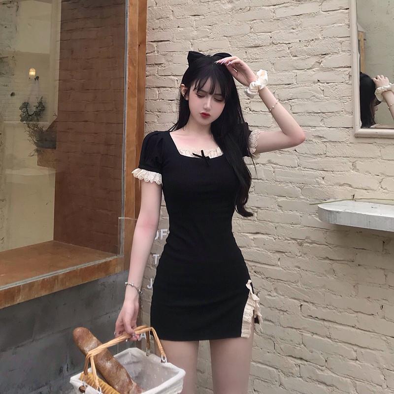 Lace lace slim retro dress summer student small slit cheongsam short skirt square collar elegant hip skirt