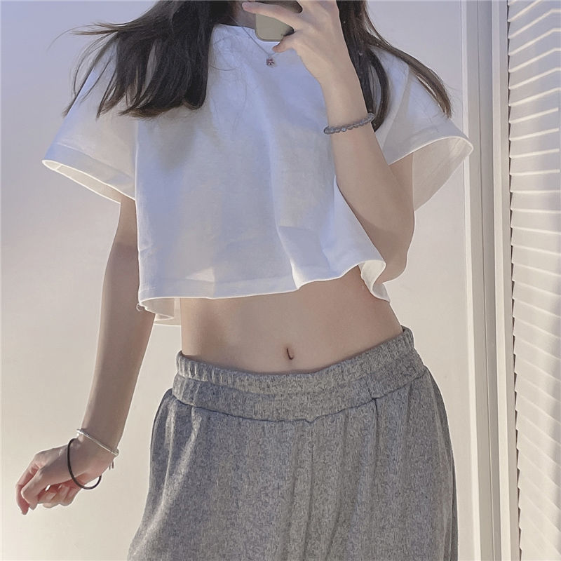 Ins super hot solid color short fat mm300 catties short-sleeved T-shirt female summer Korean version loose 260 high waist navel top