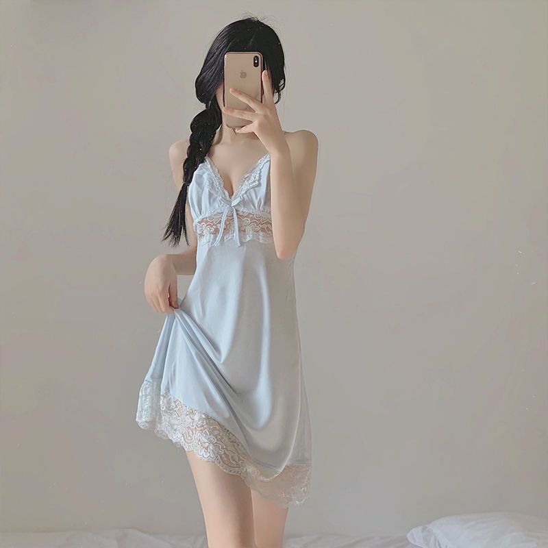 Sexy pajamas women summer 2022 new dress with chest pad lace ice silk condole belt nightgown set spring and autumn