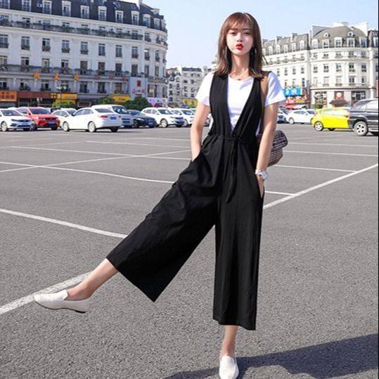 Small foreign style suspender suit women's summer Korean version high waist slim short sleeve suspender pants casual cropped pants
