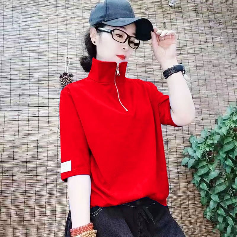 夏季薄款時尚拉鏈短袖大碼寬鬆t恤女夏季新款氣質百搭顯瘦上衣潮