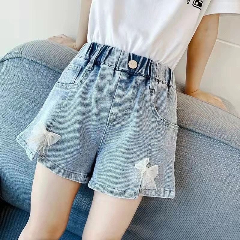 Girls' denim shorts summer clothes  new foreign style medium and big children's baby summer wear pleated thin pants