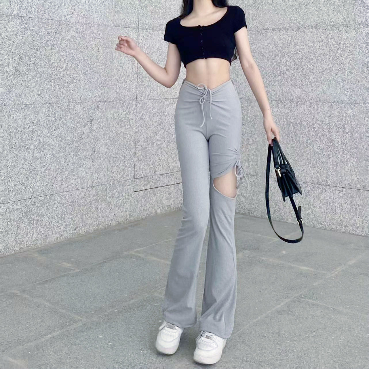 Design sense micro flared tie hollow casual pants women's summer  new trousers high waist slim flared pants