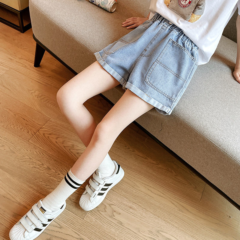 Girls' denim shorts summer clothes  new foreign style medium and big children's baby summer wear pleated thin pants