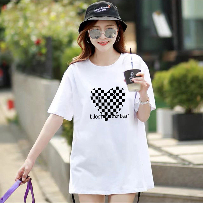 精梳棉中長款短袖t恤女寬鬆韓版2023夏季新款五分袖半袖上衣ins潮
