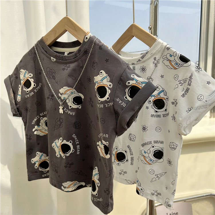 100% cotton children's boys and girls 2023 summer new cartoon tie-dye heavy industry breathable short-sleeved T-shirt tops