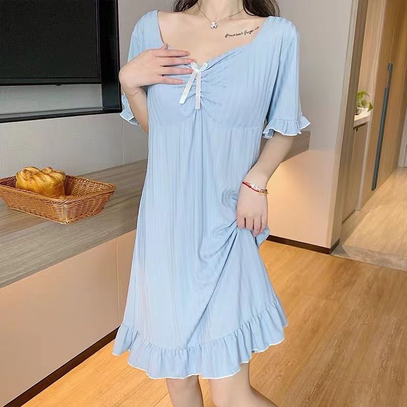 Short-sleeved nightdress women's summer thin section pure cotton 2023 new sexy ruffles with chest pad pajamas skirt pink