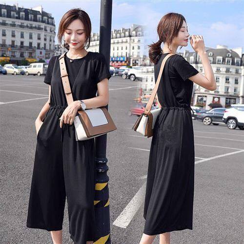 Small foreign style suspender suit women's summer Korean version high waist slim short sleeve suspender pants casual cropped pants