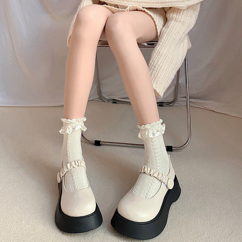 木耳花边白色中筒袜jk制服菱格日系女春秋款小腿短袜子薄款洛丽塔
