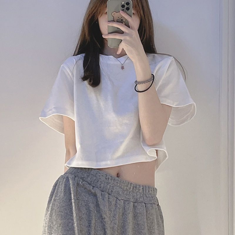 Ins super hot solid color short fat mm300 catties short-sleeved T-shirt female summer Korean version loose 260 high waist navel top