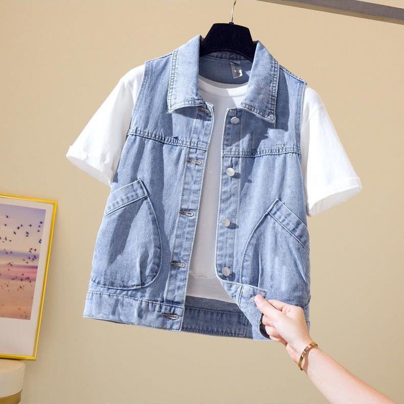 Embroidered Denim Vest women's short 2022 spring and autumn new diagonal Pocket Vest for women