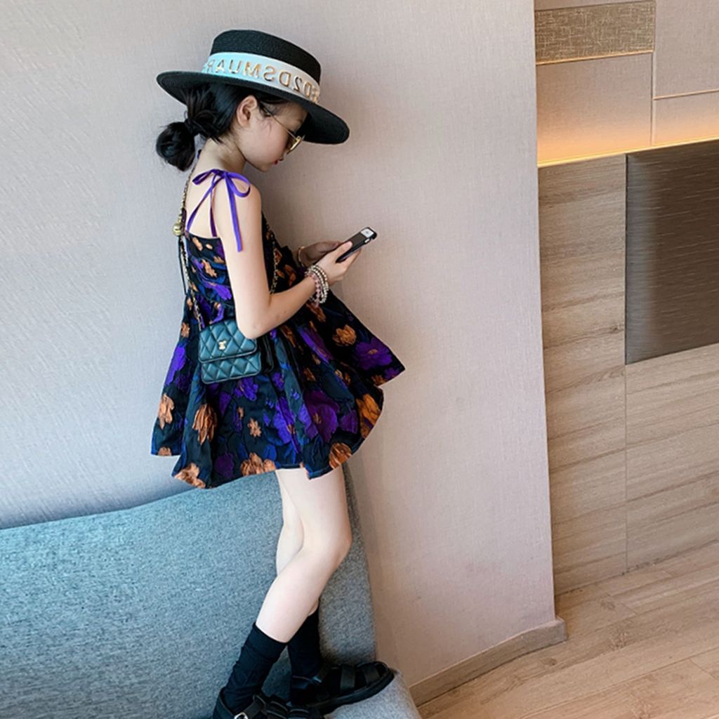 女童連衣裙夏裝公主裙洋氣2022新款女大童夏季吊帶裙兒童法式裙子