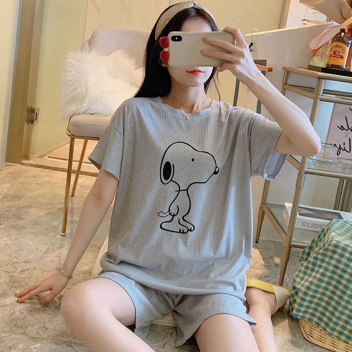 睡衣女夏短袖學生韓版可愛薄款寬鬆大碼女士可外穿家居服兩件套裝