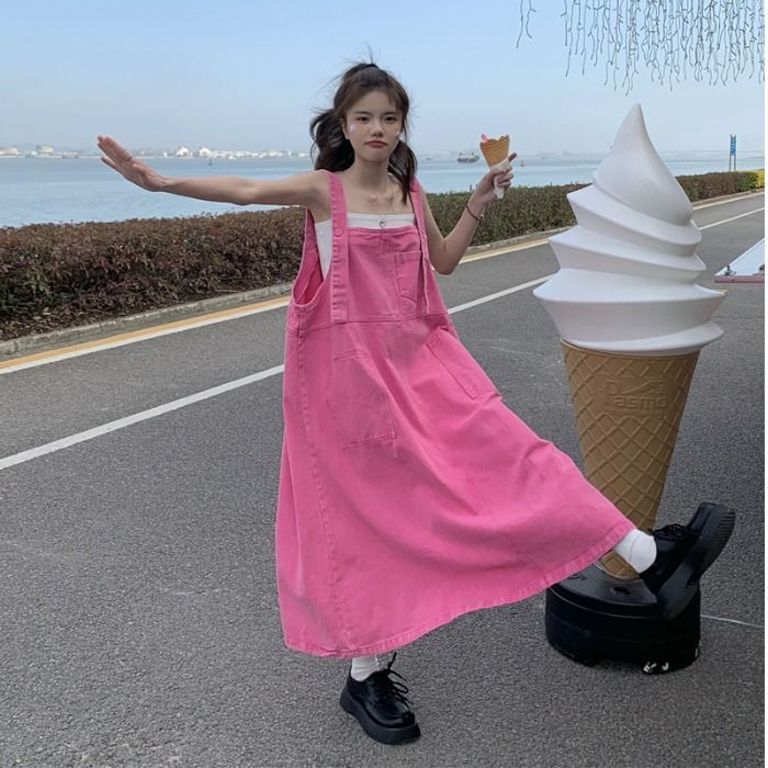 Denim suspender skirt women's design sense niche dress summer loose one-piece skirt pink milk sweet milk long skirt