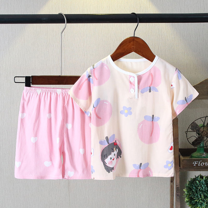 Children's pajamas girls short-sleeved summer suit thin section baby boy cotton silk girl artificial cotton silk clothes