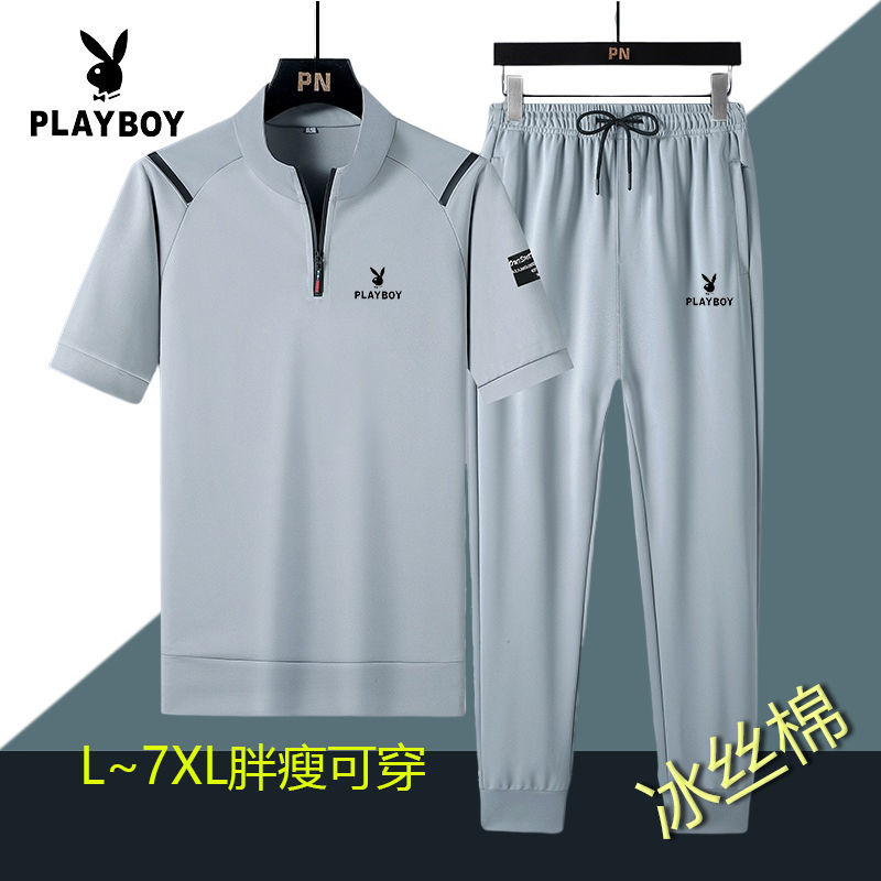 花花公子夏季冰丝男士运动服套装立领休闲速干两件套套装