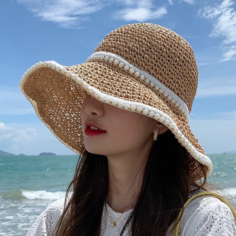 帽子女编织珍珠草帽夏季薄款遮阳防晒海边沙滩显脸小渔夫太阳帽凉