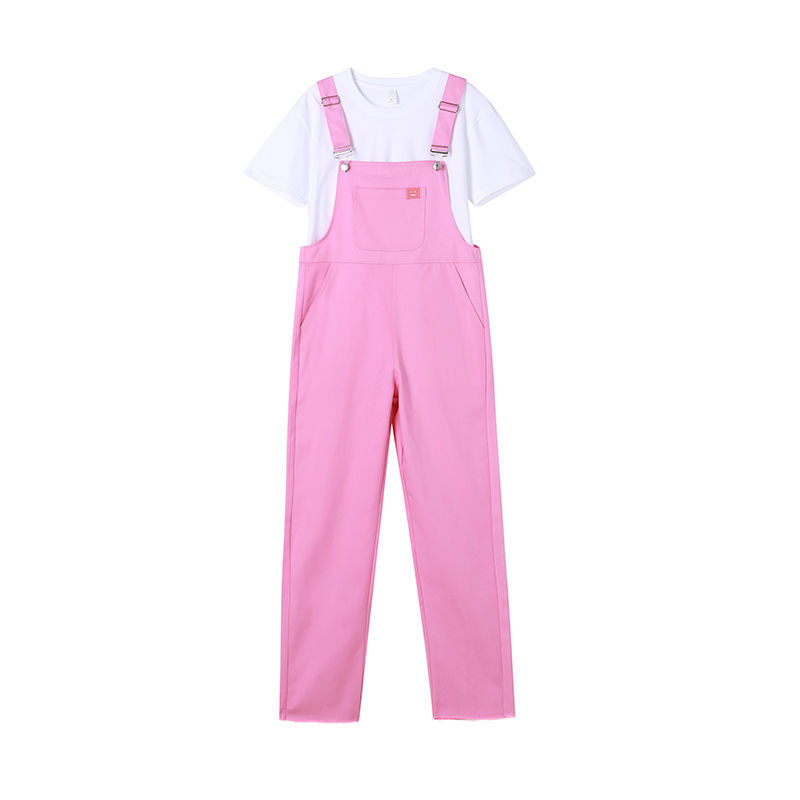 粉色牛仔背带裤女夏季薄款2022新款设计感小众chic小个子t恤套装