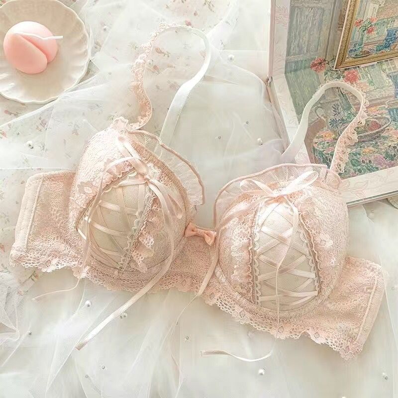 Japanese underwear women's small chest gathered no steel ring pure desire sexy lace top support anti-sagging girl bra set