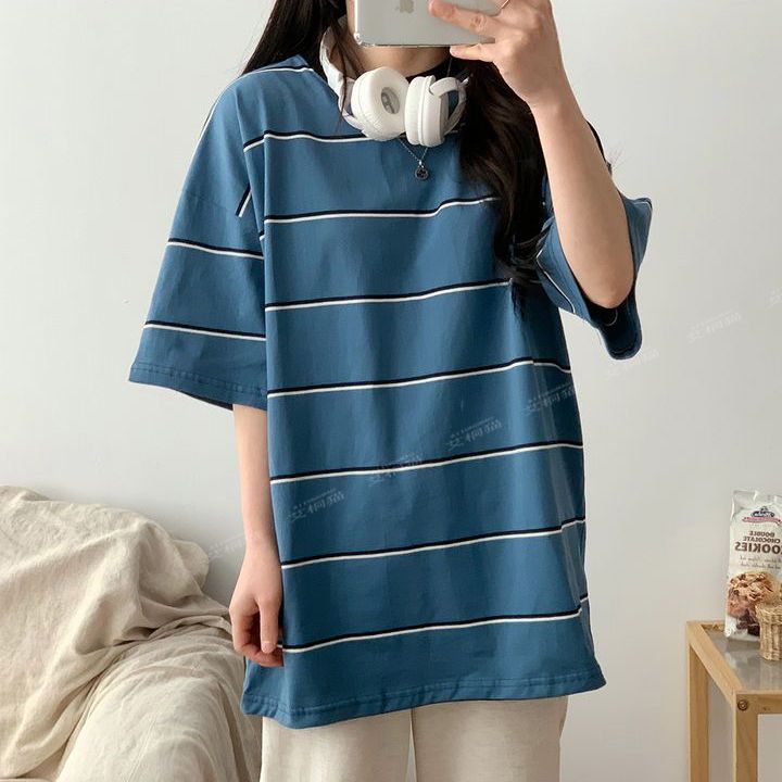 100% striped short sleeve T-shirt women's summer 2022 new design feeling small loose students plus size coat ins tide