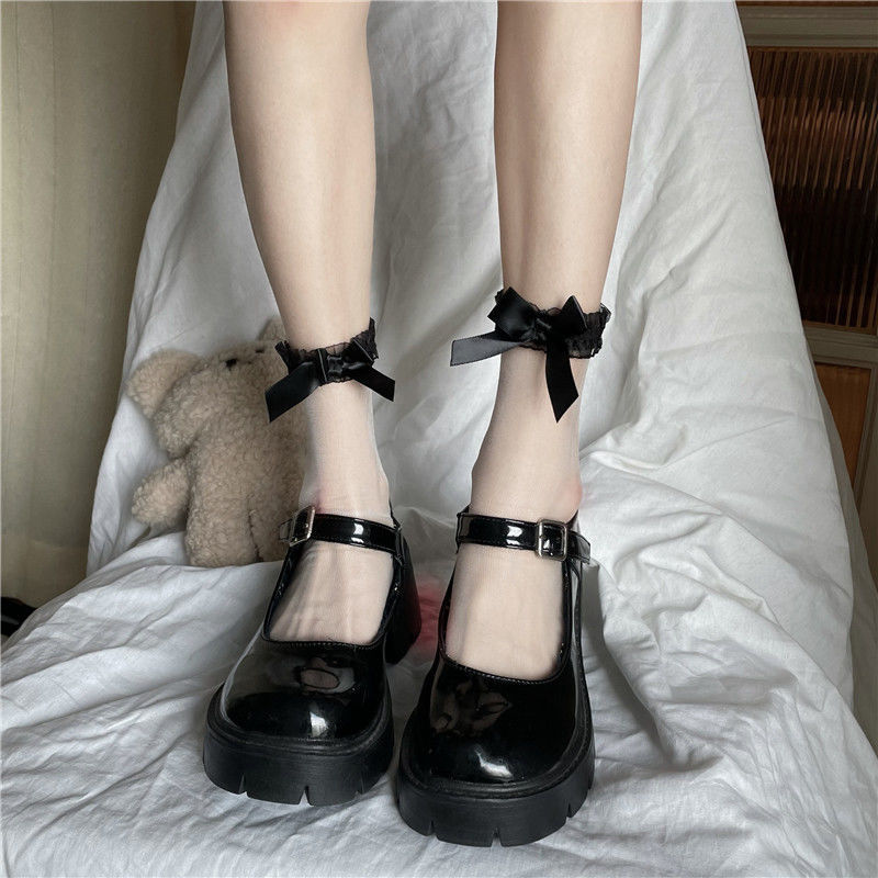 日系蕾丝蝴蝶结玻璃丝短袜子黑白色水晶透明超薄款夏季少女Lolita
