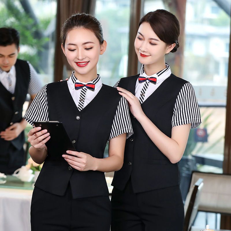 酒店服务员工作服长袖秋冬装女网咖马甲假两件KTV西餐厅工作服女