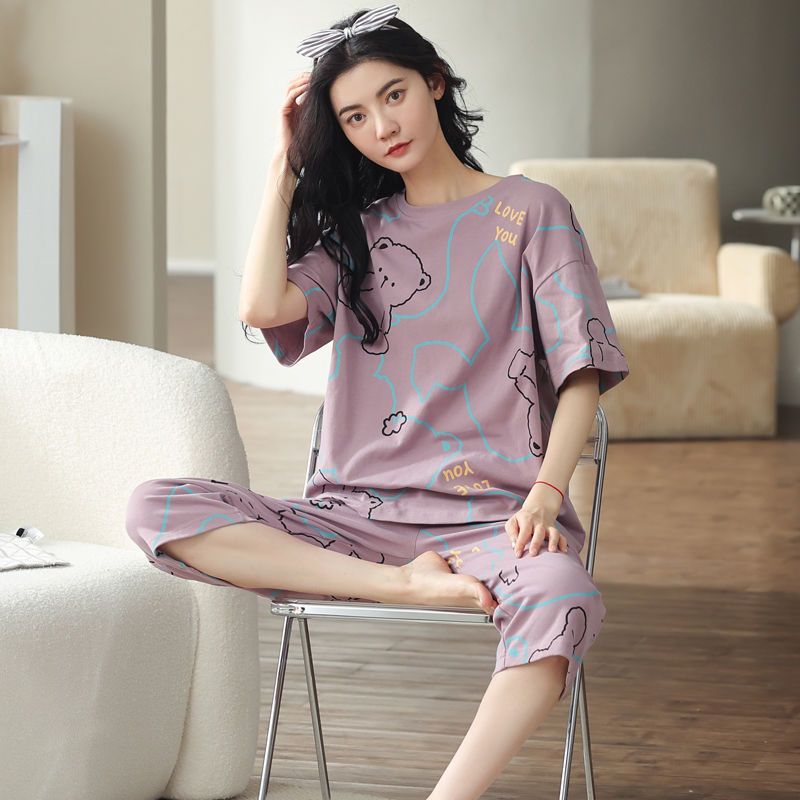 睡衣女純棉夏季薄款短袖七分褲可外穿休閒寬鬆卡通家居服兩件套裝