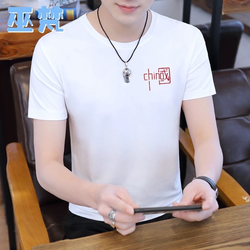 夏季冰絲t恤男短袖純棉圓領男裝上衣服圓領體恤潮流男士半袖潮牌