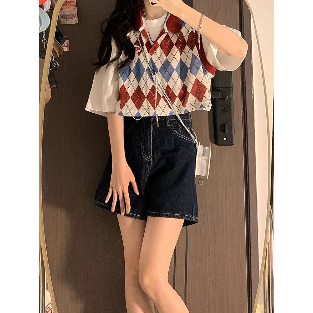 Small Korean college style wear with women's French high sense Hong Kong style vest shirt denim shorts three piece suit fashion