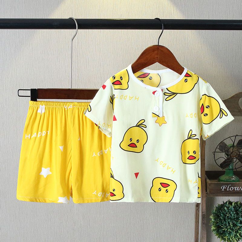 Children's pajamas girls short-sleeved summer suit thin section baby boy cotton silk girl artificial cotton silk clothes