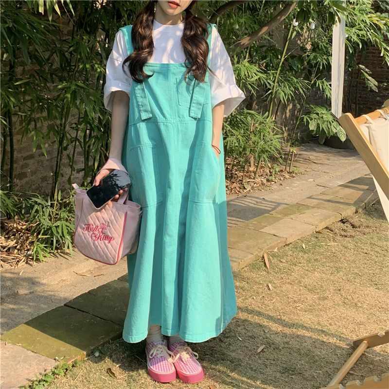 Denim suspender skirt women's design sense niche dress summer loose one-piece skirt pink milk sweet milk long skirt