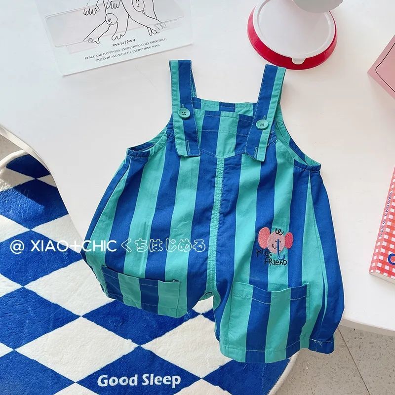 Fresh blue ~ Korean version of children's summer striped shorts baby overalls boys casual pants thin section tide