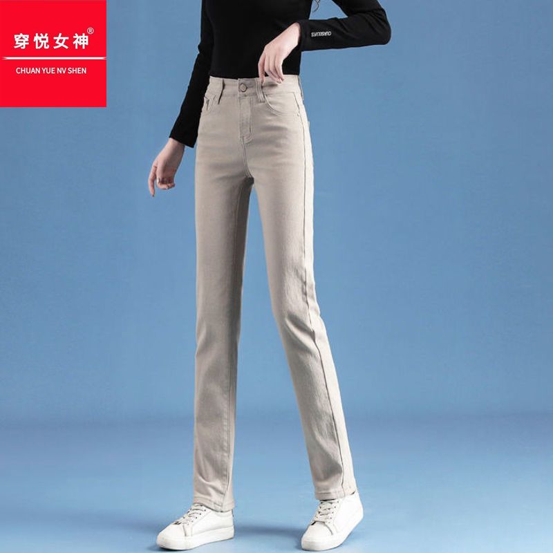 高腰直筒牛仔褲女寬鬆2023新款彈力大碼百搭顯瘦煙管褲卡其色長褲