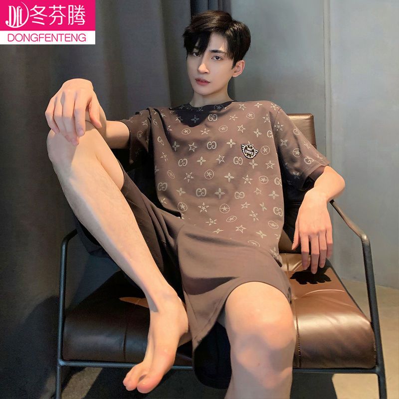 Pajamas men's summer cotton short-sleeved shorts home service men's men's summer thin section cotton can be worn outside suit