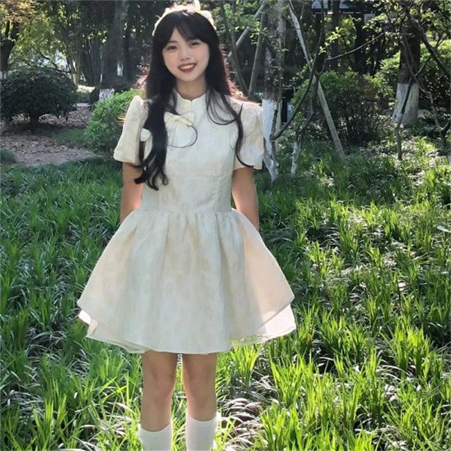 夏季甜美白月光蝴蝶結蓬蓬連衣裙夏女學生收腰顯瘦初戀a字公主裙