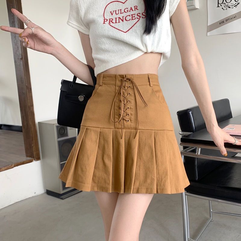 High waistband pleated skirt slimming and anti glare A-line half skirt  spring new design sense short skirt children