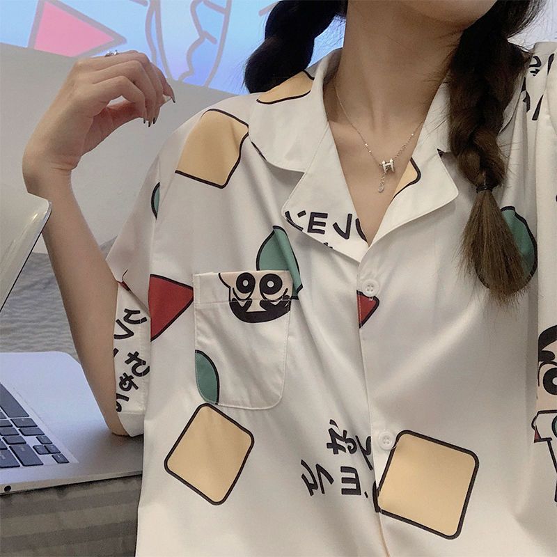新款ins冰絲睡衣女夏季短袖薄款蠟筆小新卡通少女夏天家居服套裝