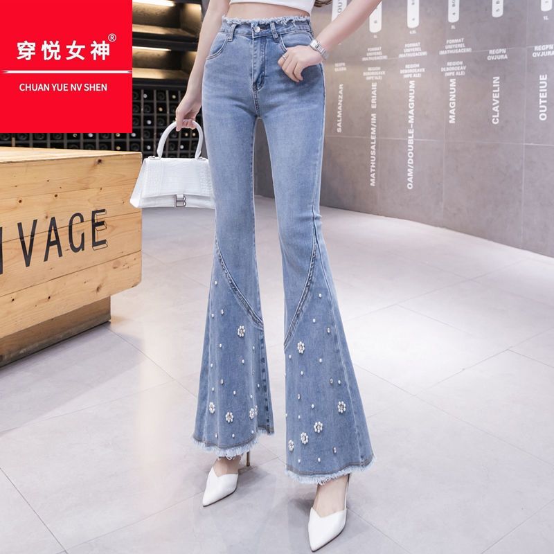 牛仔褲女重工釘珠鑲鑽喇叭褲春夏高腰顯瘦毛邊九分微喇褲垂感休閒