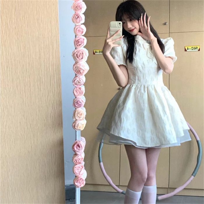 新中式甜欲風蝴蝶結白月光蓬蓬連衣裙夏女學生收腰顯瘦a字公主裙