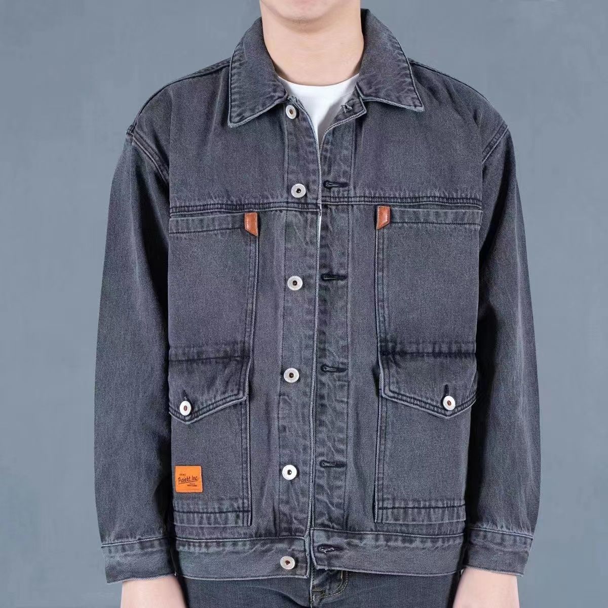 Men's multi-pocket denim jacket large size loose trendy denim jacket men's spring and autumn new high-end wear-resistant gown
