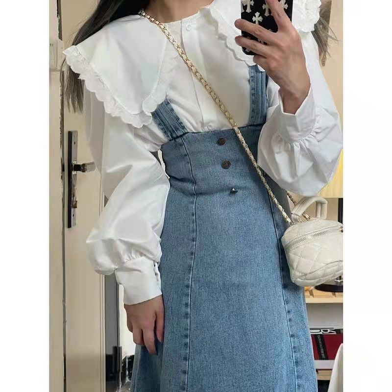 [Two-piece suit] French-style salty-sweet doll-collar shirt design sense Korean style waist denim suspender skirt trendy