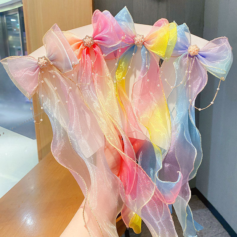 Children's streamer braided hair headdress mesh bow hairpin temperament princess fishtail hair accessories girl hairpin