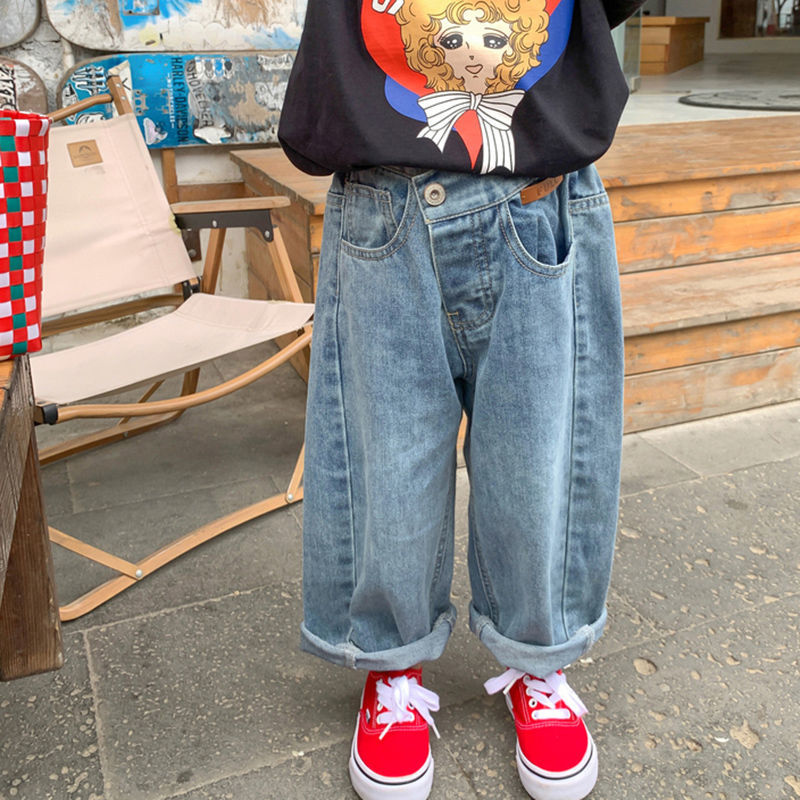 Girls' jeans spring and autumn outerwear loose Korean version super cool wide-leg pants children's pants girls baby straight pants autumn