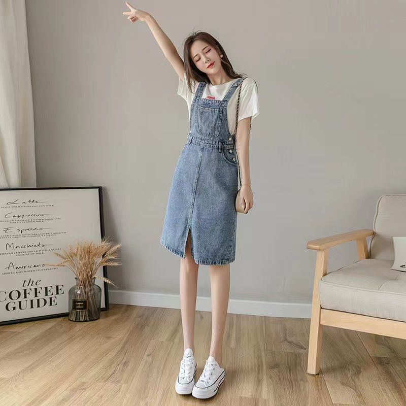 Pear shaped slightly fat 2022 denim strap skirt women's fat mm pure desire to look thin age reducing small fragrance covered belly dress