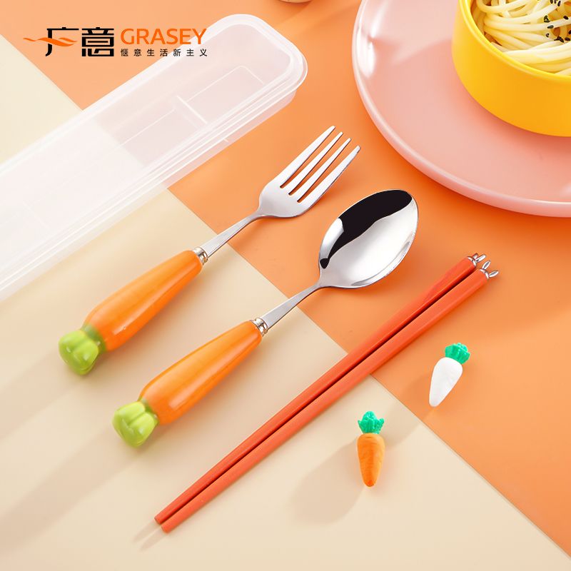 广意学生餐具便携三件套家用可爱趣味勺子叉子筷子套装外出旅行
