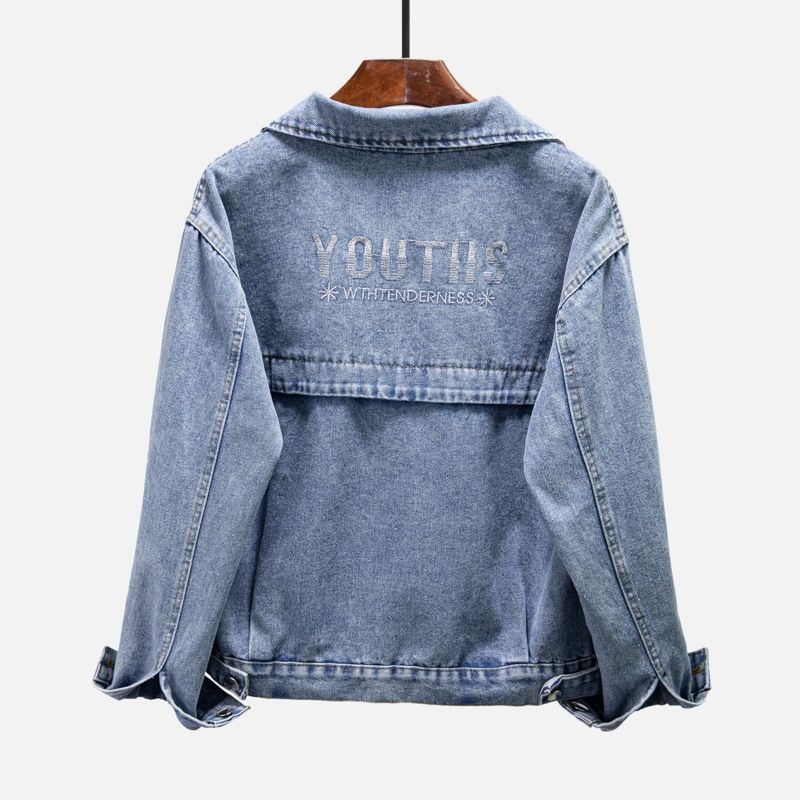 Denim jacket women's Korean version loose 2022 spring and autumn new solid color all-match thin embroidered black short jacket trend