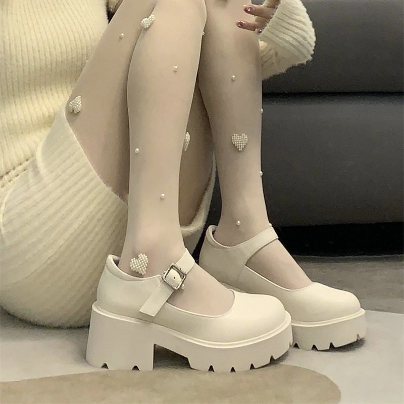 瑪麗珍小皮鞋2022夏季新款米色小皮鞋厚底增高日系配裙子JK制服鞋