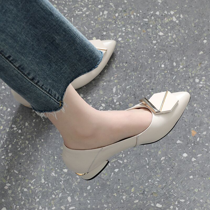PLOVER authentic woodpecker single shoes women's spring and autumn new thick heel medium heel pointed toe soft leather all-match shallow mouth small leather shoes