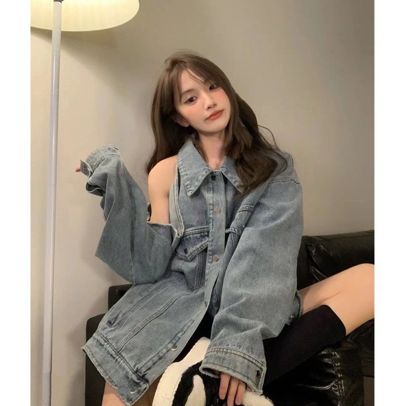 American retro hot girl strapless denim jacket women spring and autumn new design sense niche all-match loose top women